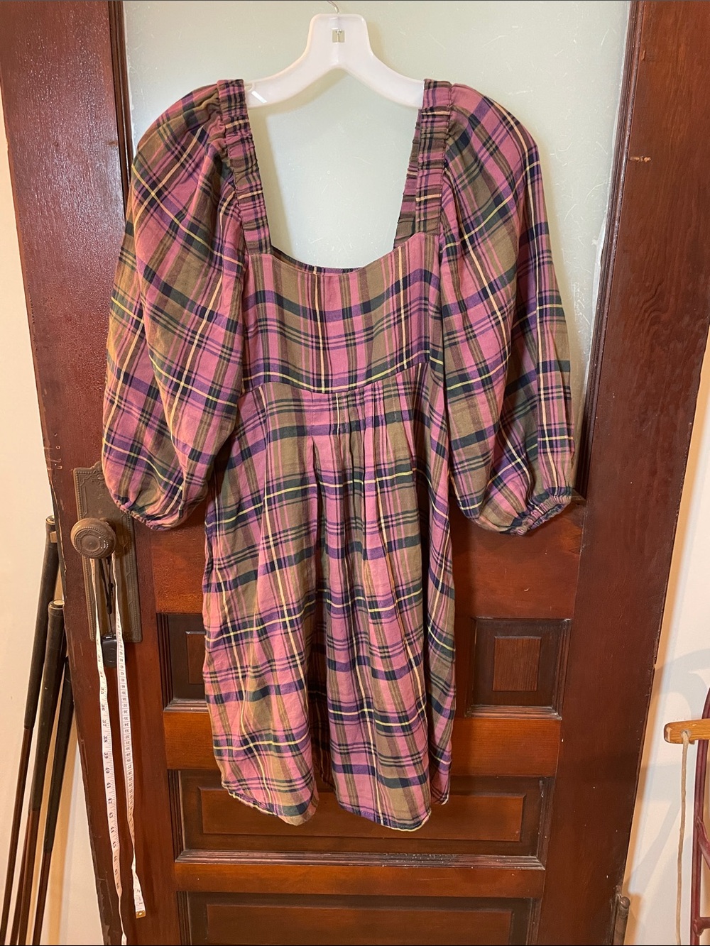 NATURAL LIFE Purple and Olive Plaid Puff-Sleeve Dress